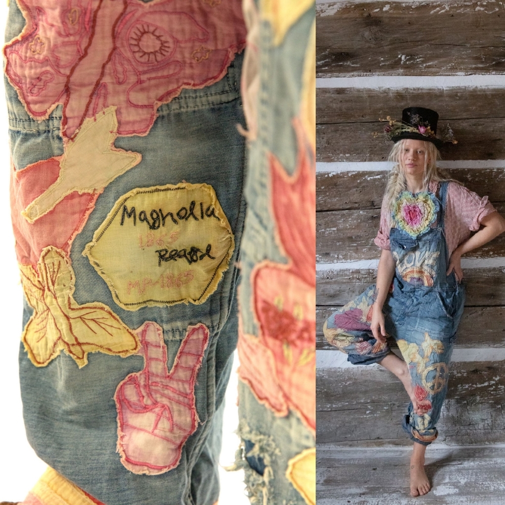 New Magnolia Pearl Love Applique Overalls Woodstock 032 Overall Denim Jeans jean - Picture 10 of 17